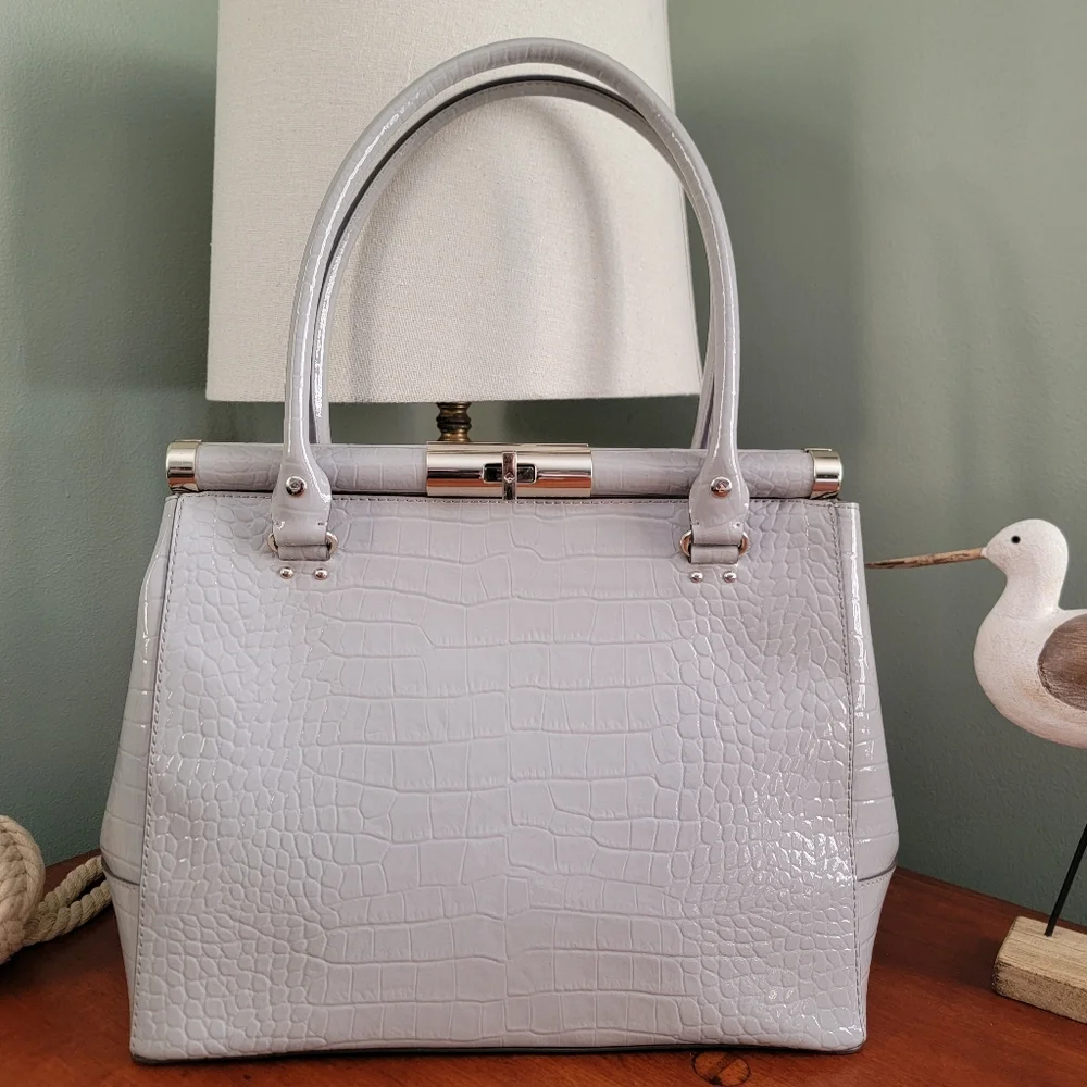 Kate Spade Knightsbridge Constance Croc Embossed Gray Leather Satchel Bag